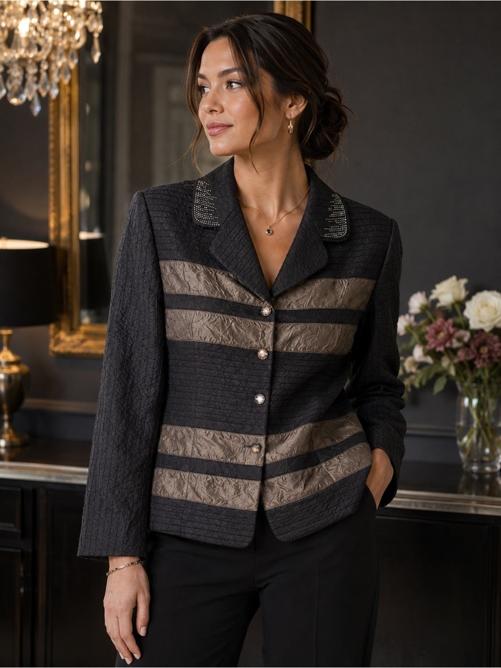 Silkroad Black and Tan Striped Blazer Size M Rhinestone Party Evening Office